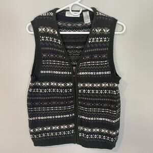 Vintage Carolyn Taylor Women Medium Sweater Vest Nordic Fair Isle Green Zip Up‎